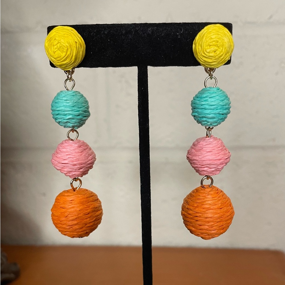 🆕 Boho Raffia Ball Drop Dangle Earrings💛🩵🩷🧡